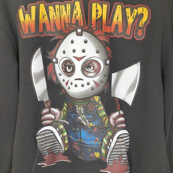 3 Forty " Wanna Play " Black Hoodie with Graphic Print Horror - Picture 2 of 9